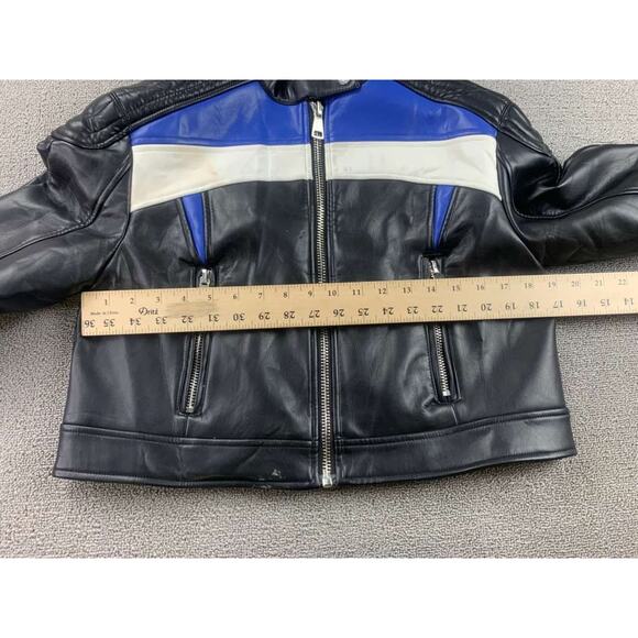 Lioness Moto Biker Jacket Women M Black Blue Faux Leather Cropped Colorblock Zip - Picture 4 of 11
